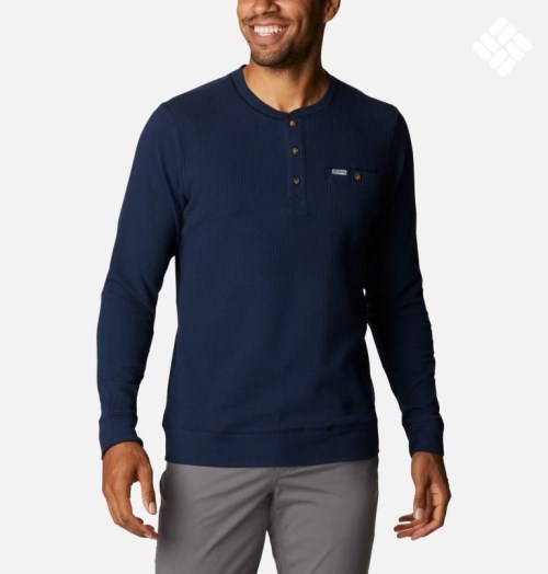 Men's Columbia Flare Gun II Waffle Henley Sweatshirts Navy | CA-M836C