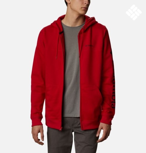 Men's Columbia Logo Full Zip Fleece Hoodie Red | CA-J486A