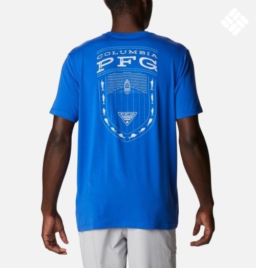 Men's Columbia PFG Boat Badge Tech Short Sleeve T Shirts Blue | CA-MC0L5