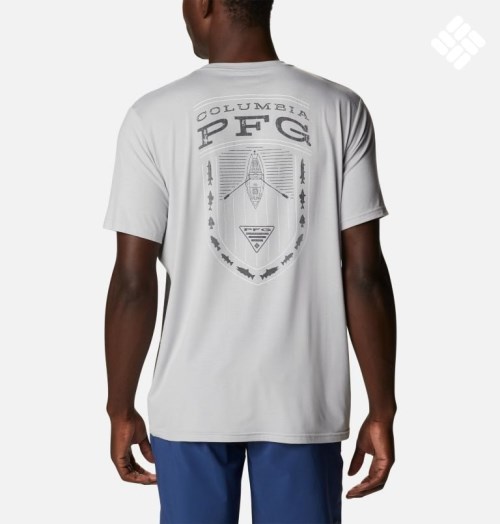Men's Columbia PFG Boat Badge Tech Short Sleeve T Shirts Light Grey | CA-XC3L1