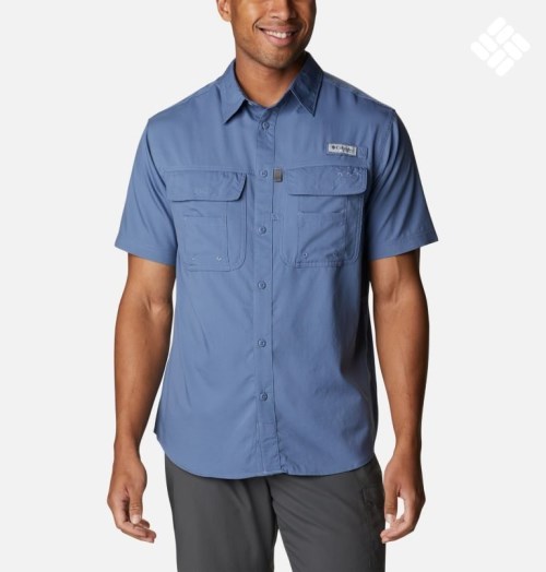 Men's Columbia PFG Drift Guide Woven Short Sleeve Shirts Blue | CA-A41C5