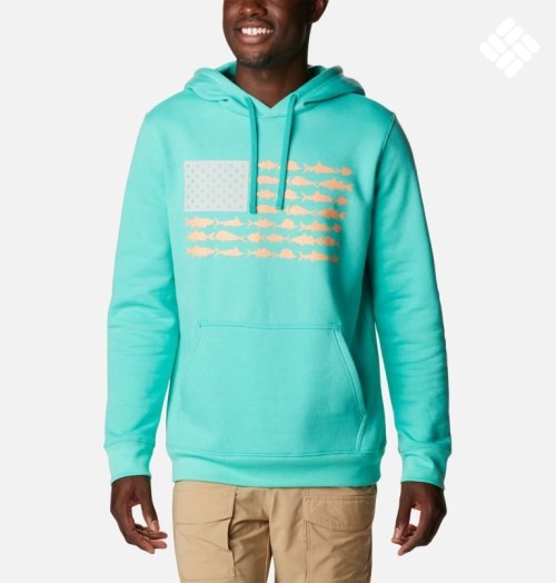 Men's Columbia PFG Fish Flag II Hoodie Turquoise | CA-T8L5A