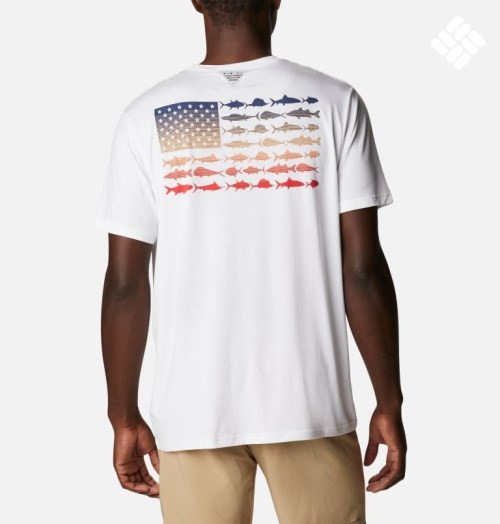 Men's Columbia PFG Fish Flag Tech Short Sleeve T Shirts White | CA-MC450