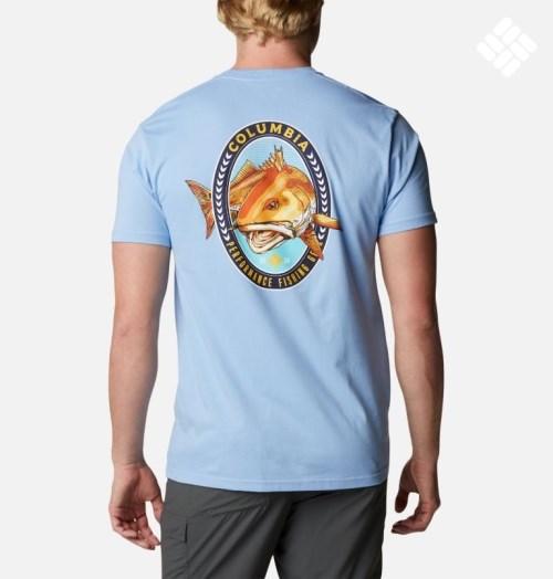 Men's Columbia PFG Mabel Graphic T Shirts Light Blue | CA-Z8A01