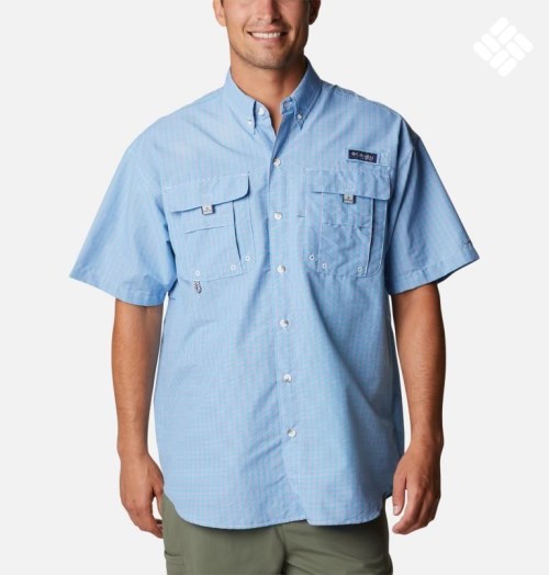 Men's Columbia PFG Super Bahama Short Sleeve Shirts Light Blue | CA-ULA84