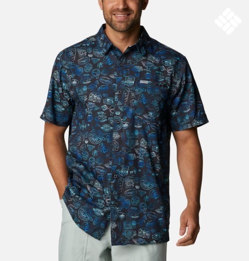 Men's Columbia PFG Super Slack Tide Camp Shirts Navy | CA-B4C16