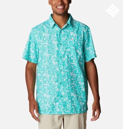 Men's Columbia PFG Super Slack Tide Camp Shirts Turquoise | CA-YA103