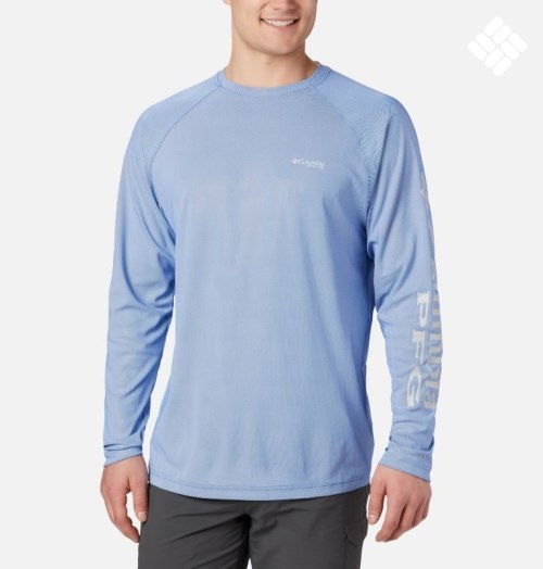 Men's Columbia PFG Terminal Deflector Long Sleeve Sweatshirts Light Blue | CA-Y6CL3