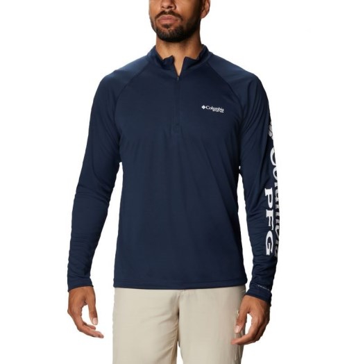 Men's Columbia PFG Terminal Tackle 1/4 Zip Sweatshirts Navy | CA-XC803