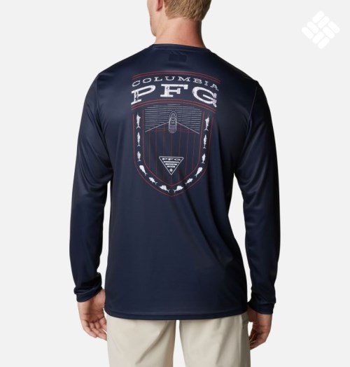 Men's Columbia PFG Terminal Tackle Americana Badge Long Sleeve Sweatshirts Navy | CA-AL564