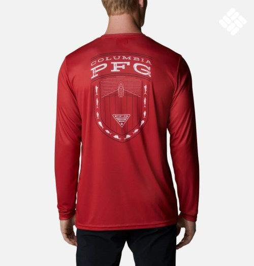 Men's Columbia PFG Terminal Tackle Americana Badge Long Sleeve Sweatshirts Red | CA-JA3L8