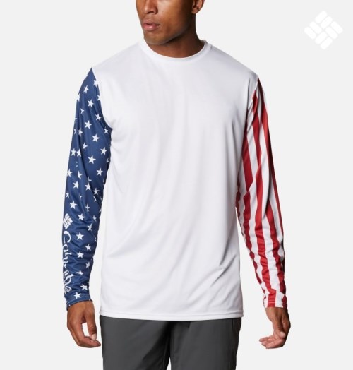 Men's Columbia PFG Terminal Tackle Americana Long Sleeve Sweatshirts White | CA-O5A4L