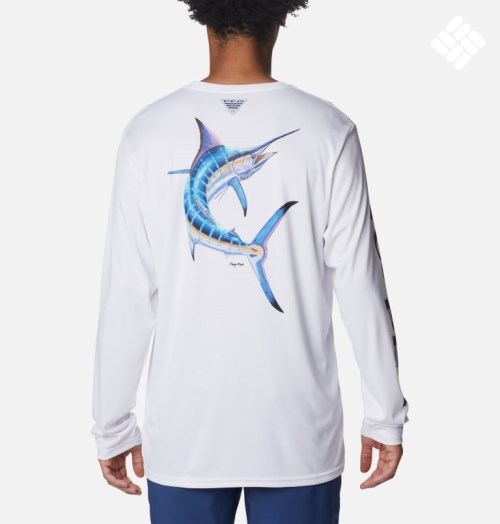 Men's Columbia PFG Terminal Tackle Carey Chen Long Sleeve Sweatshirts White | CA-FLA86