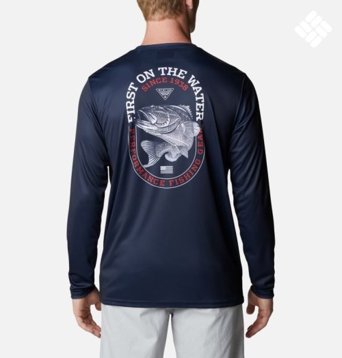 Men's Columbia PFG Terminal Tackle First On The Water Classic Long Sleeve Sweatshirts Navy | CA-H6AL3