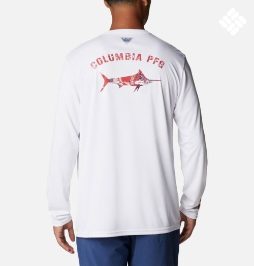 Men's Columbia PFG Terminal Tackle Fish Fill Long Sleeve Sweatshirts White | CA-KA06L