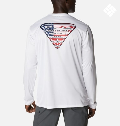 Men's Columbia PFG Terminal Tackle State Triangle Long Sleeve Sweatshirts White | CA-G1305