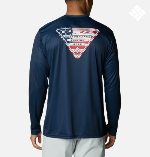 Men's Columbia PFG Terminal Tackle State Triangle Long Sleeve Sweatshirts Navy | CA-V6AC1
