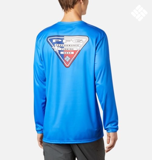 Men's Columbia PFG Terminal Tackle State Triangle Long Sleeve Sweatshirts Blue | CA-ZC8A3