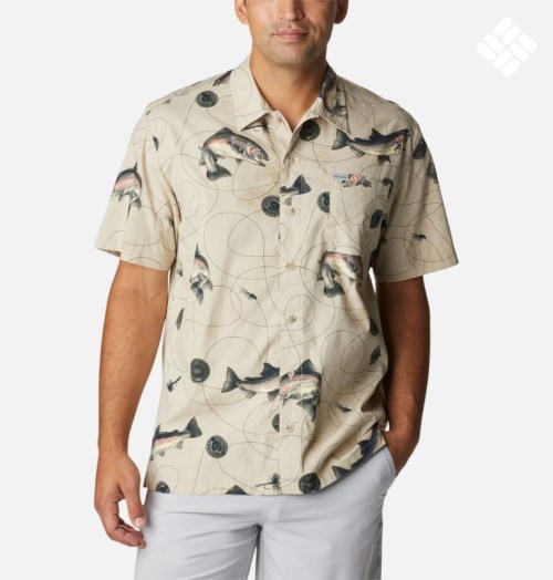 Men's Columbia PFG Trollers Best Short Sleeve Shirts Khaki | CA-B6AC3
