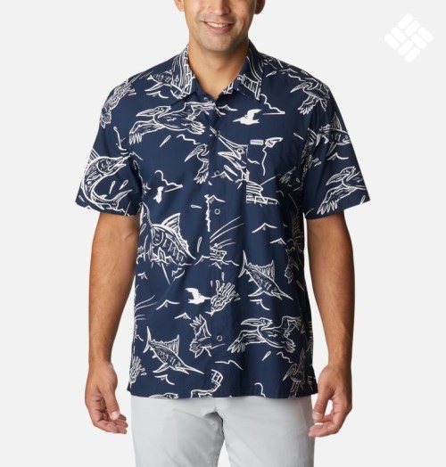 Men's Columbia PFG Trollers Best Short Sleeve Shirts Navy | CA-K86LA