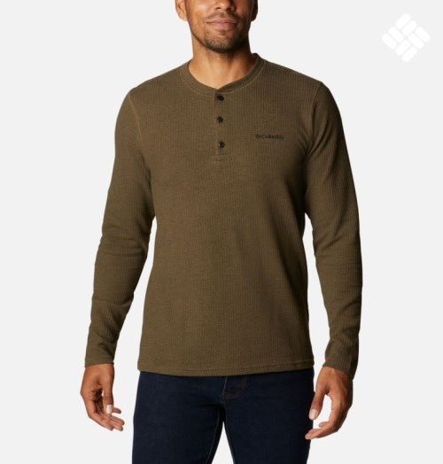 Men's Columbia Pine Peak Waffle Long Sleeve Henley Sweatshirts Dark Brown | CA-V6L81