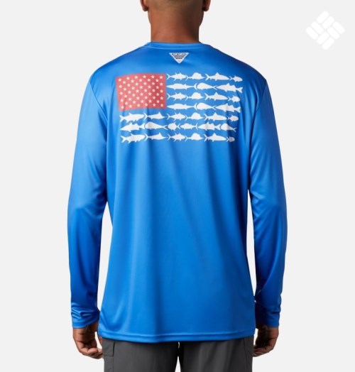 Men's Columbia Terminal Tackle PFG Fish Flag Long Sleeve Sweatshirts Blue | CA-V43L1