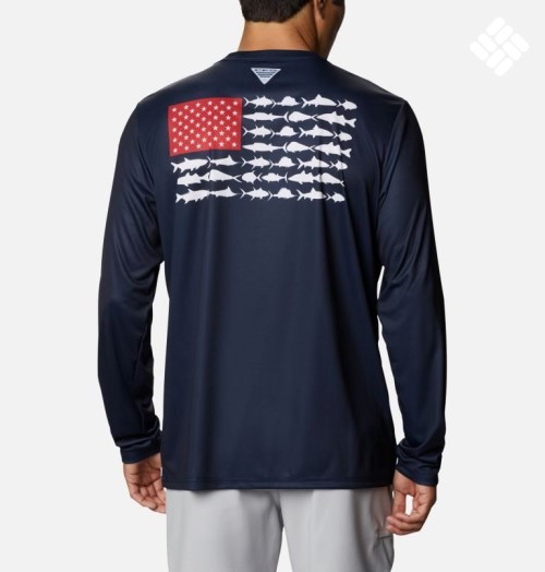 Men's Columbia Terminal Tackle PFG Fish Flag Long Sleeve Sweatshirts Navy | CA-Z1A45