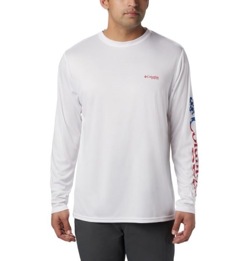 Men's Columbia Terminal Tackle PFG Logo Print Long Sleeve Sweatshirts White | CA-N6541