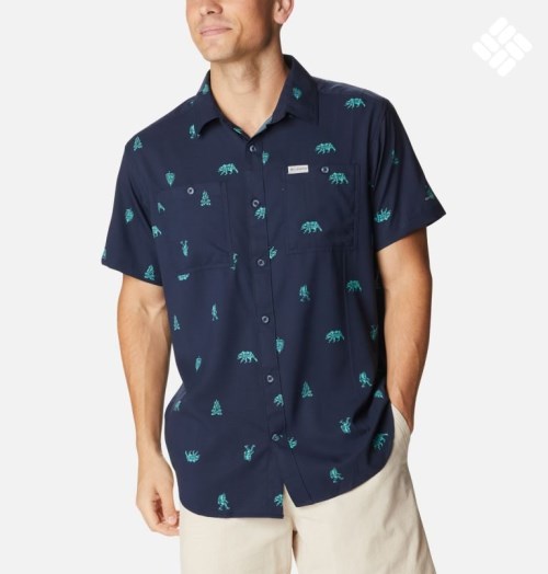 Men's Columbia Utilizer Printed Woven Short Sleeve Shirts Navy | CA-Q48L1