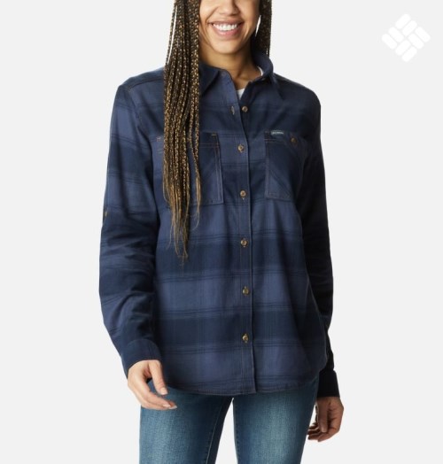 Women's Columbia Clay Hills Stretch Flannel Shirts Navy | CA-VA516