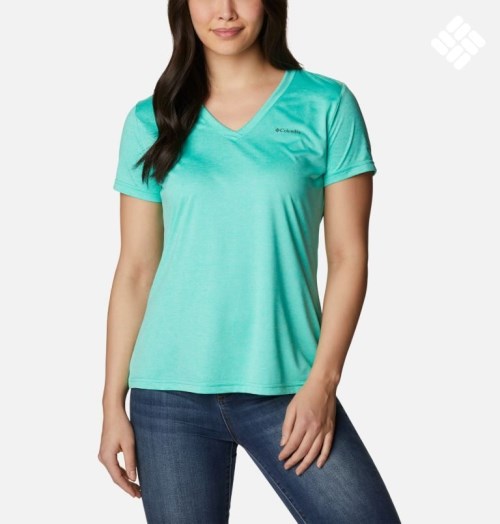 Women's Columbia Hike Short Sleeve V-Neck T Shirts Turquoise | CA-N16A8