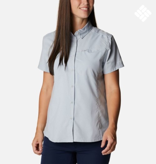 Women's Columbia PFG Cool Release Woven Short Sleeve Shirts Light Grey | CA-KA08C