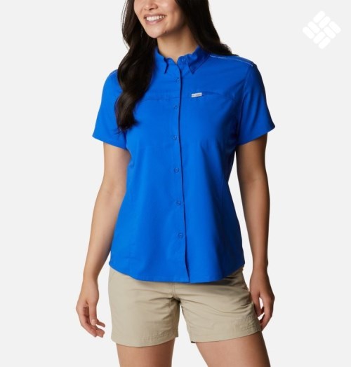 Women's Columbia PFG Cool Release Woven Short Sleeve Shirts Blue | CA-Q8310