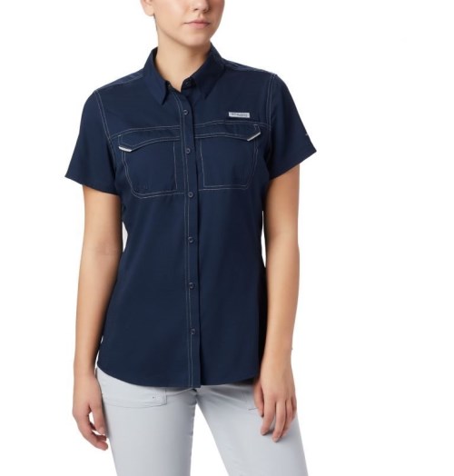 Women's Columbia PFG Lo Drag Short Sleeve Shirts Navy | CA-W560C
