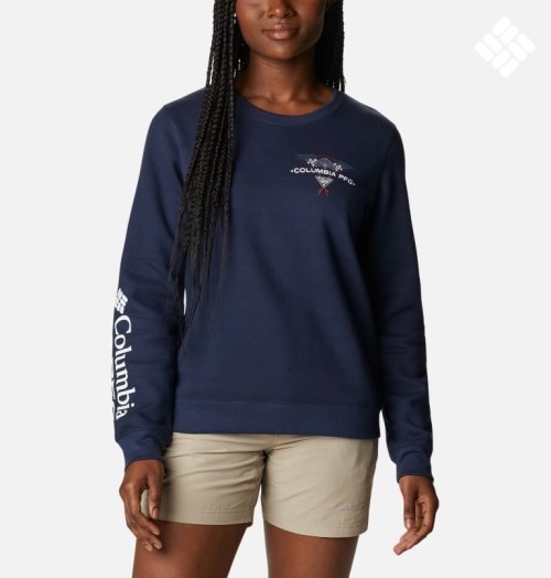 Women's Columbia PFG Slack Water Crew Sweatshirts Navy | CA-ECL83