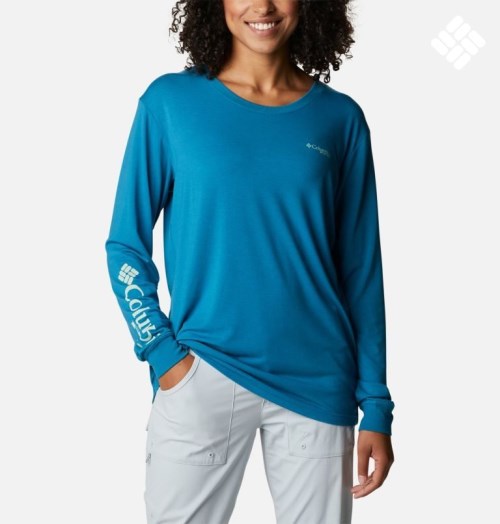 Women's Columbia PFG Slack Water Graphic Long Sleeve Sweatshirts Blue | CA-F536A