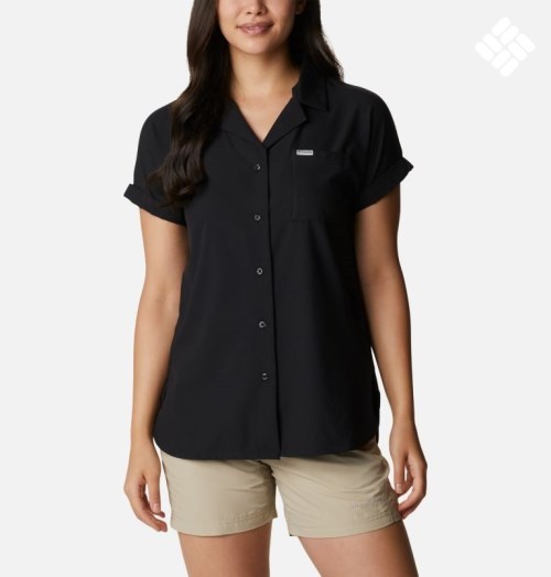 Women's Columbia PFG Sun Drifter Woven Short Sleeve Shirts Black | CA-B5A01