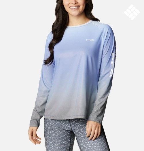 Women's Columbia PFG Tidal Deflector Printed Long Sleeve Sweatshirts Light Blue | CA-Z0L15