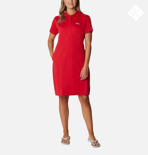 Women's Columbia PFG Tidal Tee Polo Dress Red | CA-G0C8A