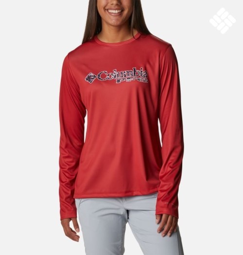 Women's Columbia PFG Tidal Tee Stacked Logo Long Sleeve Sweatshirts Red | CA-IAL30