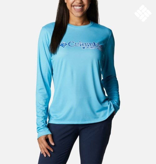 Women's Columbia PFG Tidal Tee Stacked Logo Long Sleeve Sweatshirts Turquoise | CA-J5CA6