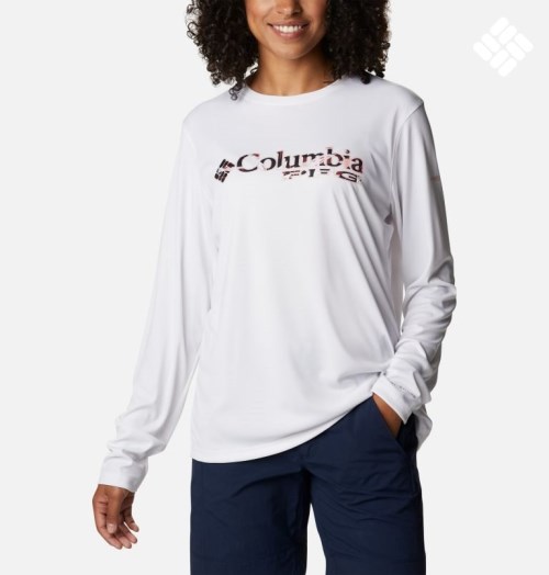 Women's Columbia PFG Tidal Tee Stacked Logo Long Sleeve Sweatshirts White | CA-XA804