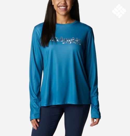Women's Columbia PFG Tidal Tee Stacked Logo Long Sleeve Sweatshirts Turquoise | CA-Y0AL5