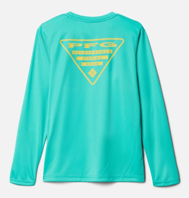 Kids' Columbia PFG Terminal Tackle Triangle Logo Long Sleeve Sweatshirts Turquoise | CA-RA1C4