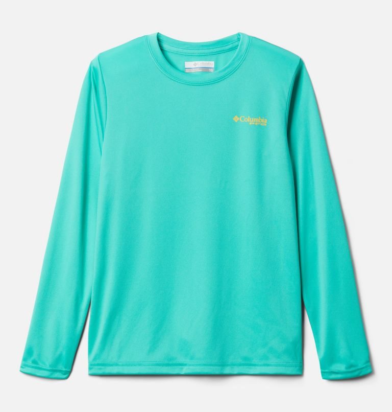Kids\' Columbia PFG Terminal Tackle Triangle Logo Long Sleeve Sweatshirts Turquoise | CA-RA1C4