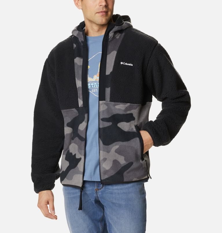 Men's Columbia Back Bowl Sherpa Full Zip Hoodie Fleece Jackets Black / Camo | CA-K4LA1