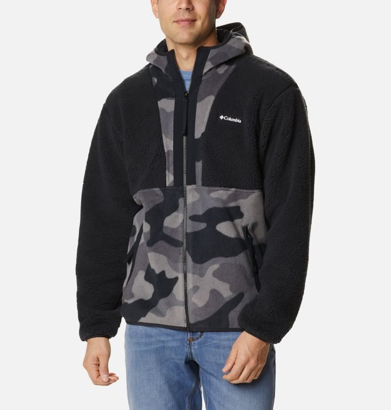Men\'s Columbia Back Bowl Sherpa Full Zip Hoodie Fleece Jackets Black / Camo | CA-K4LA1