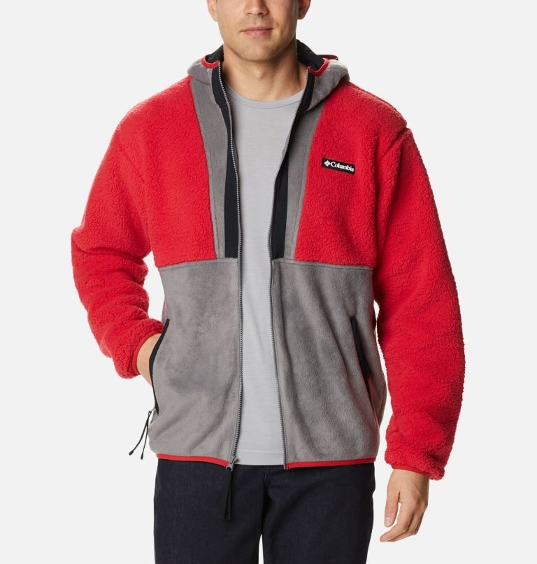Men's Columbia Back Bowl Sherpa Full Zip Hoodie Fleece Jackets Red / Grey | CA-O316A