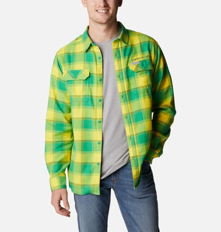 Men's Columbia Collegiate Flare Gun Flannel Long Sleeve - Oregon Shirts Green | CA-BC53A