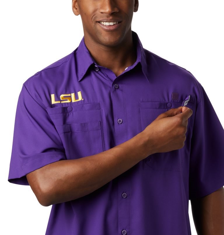 Men's Columbia Collegiate PFG Tamiami Short Sleeve - LSU Shirts Purple | CA-EA3C5